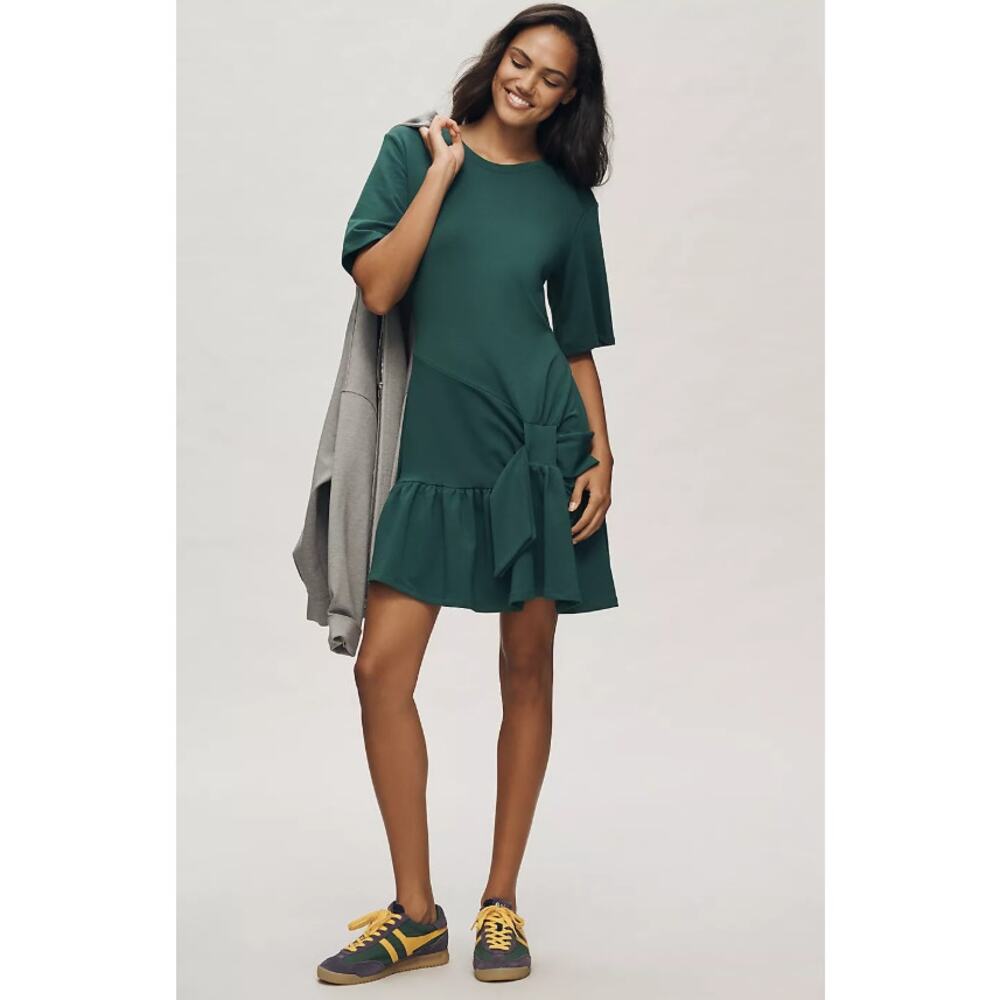 Daily Practice Emerald Drop Waist Mini T-Shirt Dress Ruffle Hem Bow Detail